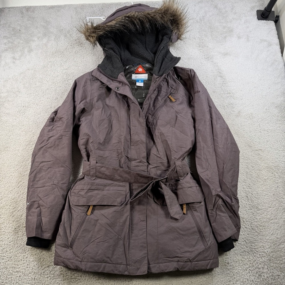 Columbia Parka Jacket Womens Medium Purple Omni-Heat Fur Hooded Long Belted Coat
